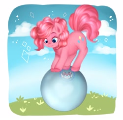 Size: 3679x3584 | Tagged: safe, artist:misucats, imported from derpibooru, pinkie pie, earth pony, pony, ball, cute, cutie mark, diapinkes, female, high res, mare, obtrusive watermark, smiling, solo, watermark