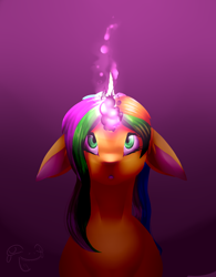 Size: 992x1275 | Tagged: safe, artist:fixielle, imported from derpibooru, oc, oc only, oc:magic elements, pony, unicorn, dark magic, female, floppy ears, glowing, glowing horn, gradient background, horn, magic, mare, redraw, solo