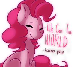 Size: 1024x917 | Tagged: safe, artist:snowolive, imported from derpibooru, pinkie pie, earth pony, pony, chest fluff, eyes closed, female, mare, simple background, sitting, smiling, solo, theme song, transparent background