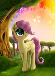 Size: 3250x4500 | Tagged: safe, artist:darksly, imported from derpibooru, fluttershy, butterfly, pegasus, pony, season 1, the cutie mark chronicles, blank flank, bush, cute, eye reflection, female, filly, filly fluttershy, folded wings, grass, hair over one eye, high res, looking at something, looking up, outdoors, reflection, scene interpretation, shyabetes, smiling, solo, sonic rainboom, standing, three quarter view, tree, turned head, wings, younger