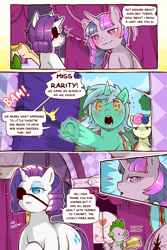 Size: 960x1440 | Tagged: safe, artist:cold-blooded-twilight, imported from derpibooru, bon bon, lyra heartstrings, rarity, spike, sweetie drops, twilight sparkle, dragon, earth pony, pony, unicorn, cold blooded twilight, comic:cold storm, blushing, bon bon is not amused, carousel boutique, cloud, comic, dialogue, door, eyepatch, eyeshadow, female, glowing, glowing eyes, horn, implied lesbian, implied rarilight, implied shipping, implied sparity, implied straight, makeup, mare, mirror, open mouth, raised hoof, raised leg, speech bubble, speed lines, tail, unamused, underhoof, unicorn twilight, wide hips