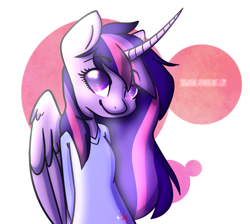 Size: 1024x917 | Tagged: safe, artist:snowolive, imported from derpibooru, twilight sparkle, alicorn, anthro, abstract background, alternate hairstyle, clothes, curved horn, cutie mark, cutie mark on clothes, eyebrows, eyebrows visible through hair, female, horn, long horn, shirt, simple background, smiling, solo, transparent background, twilight sparkle (alicorn)