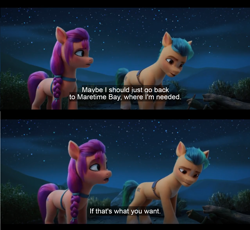 Size: 1600x1474 | Tagged: safe, edit, edited screencap, imported from derpibooru, screencap, hitch trailblazer, sunny starscout, earth pony, pony, spoiler:my little pony: a new generation, comic, english, english subtitles, female, g5, male, mare, my little pony: a new generation, night, nightime, outdoors, screencap comic, stallion, stars, subtitles