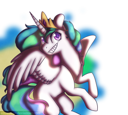 Size: 1024x917 | Tagged: safe, artist:snowolive, imported from derpibooru, princess celestia, alicorn, pony, abstract background, eye clipping through hair, female, flying, grin, jewelry, looking at you, mare, missing accessory, missing cutie mark, simple background, smiling, solo, speedpaint available, spread wings, tiara, transparent background, wings