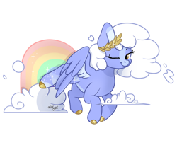 Size: 1024x867 | Tagged: safe, artist:afkcyrist, imported from derpibooru, oc, oc only, pegasus, pony, blaze (coat marking), cloud, cloud mane, coat markings, colored hooves, commission, eyebrows, eyebrows visible through hair, facial markings, female, flying, laurel wreath, looking at you, mare, one eye closed, pegasus oc, rainbow, simple background, smiling, solo, spread wings, transparent background, wings