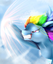 Size: 2500x3000 | Tagged: safe, artist:debbygattathebest, imported from derpibooru, rainbow dash, pegasus, pony, female, flying, gritted teeth, high res, mare, narrowed eyes, solo, sonic rainboom, stray strand, windswept mane