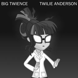 Size: 2000x2000 | Tagged: safe, artist:grapefruit-face, imported from derpibooru, sci-twi, twilight sparkle, equestria girls, album cover, black and white, equestria girls-ified album cover, glasses, grayscale, hand, high res, laurie anderson, monochrome, necktie, pun, show accurate, solo