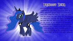 Size: 1280x719 | Tagged: safe, artist:andoanimalia, imported from derpibooru, princess luna, alicorn, pony, bio, crown, female, hoof shoes, horn, jewelry, looking at you, mare, regalia, smiling, solo, spread wings, standing, tail, teal eyes, text, vector, wings