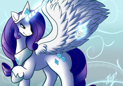Size: 5000x3500 | Tagged: safe, artist:evianix, imported from derpibooru, part of a set, rarity, alicorn, pony, abstract background, alicornified, cutie mark, diamond, female, glowing, glowing horn, horn, lidded eyes, magic, mare, princess rarity, race swap, raised hoof, raricorn, smiling, solo, spread wings, telekinesis, wings