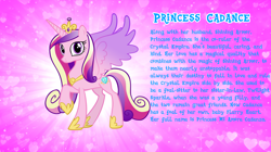 Size: 1280x719 | Tagged: safe, artist:andoanimalia, imported from derpibooru, princess cadance, alicorn, pony, bio, crown, female, hoof shoes, jewelry, mare, raised hoof, regalia, solo, text, vector