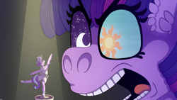 Size: 2560x1440 | Tagged: safe, artist:eleamorbid, imported from derpibooru, starlight glimmer, twilight sparkle, pony, unicorn, a royal problem, angry, ballerina, ballet slippers, curved horn, duo, ear fluff, female, horn, mare, micro, open mouth, scene interpretation, spotlight, wingding eyes, yelling