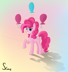 Size: 2102x2213 | Tagged: safe, artist:someonex64, imported from derpibooru, pinkie pie, earth pony, pony, cutie mark, cutie mark background, eyebrows, eyebrows visible through hair, female, grin, high res, lidded eyes, looking at you, mare, raised hoof, shadow, smiling, solo