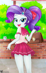 Size: 722x1139 | Tagged: safe, artist:charliexe, imported from derpibooru, rarity, cat, equestria girls, my little pony: the manga, anime, anime style, bedroom eyes, clothes, link in description, looking at you, looking back, looking back at you, manga, open mouth, open smile, sailor uniform, school uniform, skirt, smiling, solo, story included, tongue out, uniform