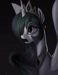 Size: 3978x5100 | Tagged: safe, artist:splatterpaint-donkey, imported from derpibooru, princess celestia, alicorn, pony, alicorn princess, creepy, crown, dark, female, hair over one eye, jewelry, mare, night, night sky, peytral, princess, regalia, shocked, sky, solo, stars