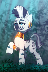 Size: 1283x1910 | Tagged: safe, artist:xbi, imported from derpibooru, zecora, pony, zebra, 30 minute art challenge finished after, ear piercing, earring, grass, jewelry, leg rings, lidded eyes, mohawk, piercing, raised hoof, raised leg, solo, teeth