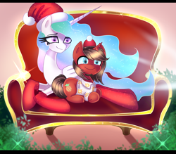 Size: 7800x6821 | Tagged: safe, artist:opal_radiance, imported from derpibooru, princess celestia, oc, oc:ironyoshi, alicorn, unicorn, absurd resolution, chair, christmas, clothes, commission, hat, holiday, lying down, prone, santa hat, shirt, socks, ych result