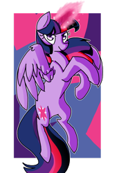 Size: 1024x1490 | Tagged: safe, artist:snowolive, imported from derpibooru, part of a set, twilight sparkle, alicorn, pony, abstract background, cutie mark, female, flying, glowing, glowing horn, horn, looking at you, mare, narrowed eyes, rearing, simple background, smiling, solo, spread wings, transparent background, twilight sparkle (alicorn), wings