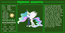 Size: 11720x6000 | Tagged: safe, artist:andoanimalia, artist:ponygamer2020, imported from derpibooru, princess celestia, alicorn, pony, fallout equestria, bio, clothes, crown, cutie mark, fallout, fallout equestria: character guide, female, horn, jewelry, jumpsuit, looking at you, mare, pipboy, reference sheet, regalia, s.p.e.c.i.a.l., smiling, smiling at you, solo, spread wings, standing, tail, text, vault suit, vector, wings