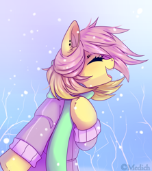 Size: 2241x2524 | Tagged: safe, artist:mediasmile666, imported from derpibooru, oc, oc only, pony, clothes, ear piercing, eyes closed, high res, not fluttershy, open mouth, piercing, profile, scarf, smiling, snow, solo, winter