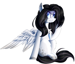 Size: 3000x2554 | Tagged: safe, artist:mediasmile666, imported from derpibooru, oc, oc only, pegasus, pony, blank flank, chest fluff, coat markings, commission, eye clipping through hair, eye reflection, female, high res, jewelry, mare, necklace, reflection, sidemouth, simple background, sitting, smiling, solo, speedpaint available, transparent background