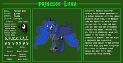 Size: 11720x6000 | Tagged: safe, artist:andoanimalia, artist:ponygamer2020, imported from derpibooru, princess luna, alicorn, pony, fallout equestria, bio, clothes, crown, cutie mark, fallout, fallout equestria: character guide, female, horn, jewelry, jumpsuit, looking at you, mare, pipboy, reference sheet, regalia, s.p.e.c.i.a.l., smiling, smiling at you, solo, spread wings, standing, tail, teal eyes, text, vault suit, vector, wings