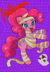 Size: 820x1180 | Tagged: safe, artist:h2o_omz, imported from derpibooru, pinkie pie, earth pony, ghost, pony, undead, bipedal, clothes, costume, female, halloween, halloween costume, holiday, mummy, mummy costume, solo, tongue out