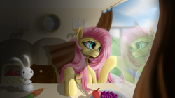 Size: 1920x1080 | Tagged: safe, artist:fluttersheeeee, imported from derpibooru, angel bunny, fluttershy, pony, rabbit, animal, apple, basket, berry, candle, carrot, clock, curtains, duo, female, food, herbivore, mare, reflection, window