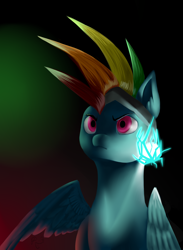 Size: 1494x2043 | Tagged: safe, artist:fixielle, imported from derpibooru, rainbow dash, pegasus, pony, abstract background, alternate hairstyle, badass, ball lightning, female, helmet, lightning, mare, mohawk, narrowed eyes, one wing out, solo, wings