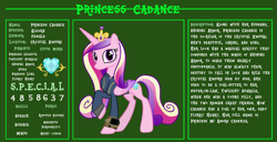 Size: 11720x6000 | Tagged: safe, artist:andoanimalia, artist:ponygamer2020, imported from derpibooru, princess cadance, alicorn, pony, fallout equestria, bio, clothes, crown, cutie mark, fallout, fallout equestria: character guide, female, horn, jewelry, jumpsuit, looking at you, mare, multicolored mane, multicolored tail, pipboy, purple eyes, raised hoof, reference sheet, regalia, s.p.e.c.i.a.l., solo, standing, tail, text, vault suit, vector