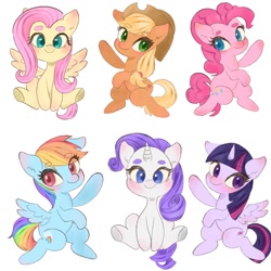 Size: 1280x1280 | Tagged: safe, artist:h2o_omz, imported from derpibooru, part of a set, applejack, fluttershy, pinkie pie, rainbow dash, rarity, twilight sparkle, alicorn, earth pony, pegasus, pony, unicorn, cute, dashabetes, diapinkes, female, jackabetes, looking at you, mane six, mare, raribetes, shyabetes, simple background, spread wings, twiabetes, twilight sparkle (alicorn), white background, wings