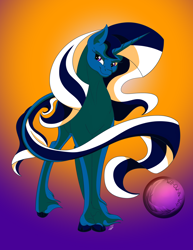 Size: 2550x3300 | Tagged: safe, artist:will-owl-the-wisp, imported from derpibooru, oc, oc only, oc:moonrise, oc:moonset shimmer, classical unicorn, pony, unicorn, art trade, cloven hooves, female, gradient background, high res, leonine tail, lidded eyes, mare, smiling, smirk, solo, tail, unshorn fetlocks