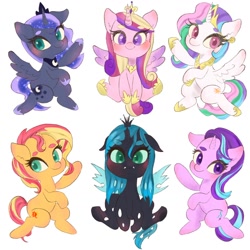 Size: 1280x1280 | Tagged: safe, artist:h2o_omz, imported from derpibooru, part of a set, princess cadance, princess celestia, princess luna, queen chrysalis, starlight glimmer, sunset shimmer, alicorn, changeling, changeling queen, pony, unicorn, cute, cutealis, cutedance, cutelestia, female, glimmerbetes, looking at you, lunabetes, mare, princess, shimmerbetes, simple background, spread wings, white background, wings