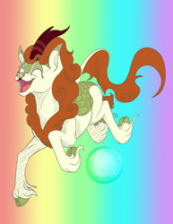 Size: 2550x3300 | Tagged: safe, artist:will-owl-the-wisp, imported from derpibooru, autumn blaze, kirin, awwtumn blaze, cloven hooves, cute, eyes closed, female, gradient background, happy, high res, hnnng, leonine tail, open mouth, open smile, rainbow background, smiling, solo, tail