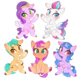 Size: 1280x1280 | Tagged: safe, artist:h2o_omz, imported from derpibooru, part of a set, hitch trailblazer, izzy moonbow, pipp petals, sunny starscout, zipp storm, earth pony, pegasus, pony, unicorn, adorapipp, adorazipp, cute, female, g5, hitchbetes, izzybetes, looking at you, male, mane five (g5), my little pony: a new generation, simple background, spread wings, sunnybetes, white background, wings