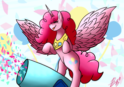 Size: 5000x3500 | Tagged: safe, artist:evianix, imported from derpibooru, part of a set, pinkie pie, alicorn, pony, alicornified, alternate hairstyle, cutie mark background, eyes closed, female, mare, party cannon, peytral, pinkiecorn, princess pinkie pie, race swap, rearing, smiling, solo, spread wings, tongue out, wings, xk-class end-of-the-world scenario