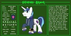Size: 11720x6000 | Tagged: safe, artist:ponygamer2020, imported from derpibooru, shining armor, pony, unicorn, fallout equestria, bio, clothes, cutie mark, fallout, fallout equestria: character guide, horn, jumpsuit, male, pipboy, raised hoof, reference sheet, s.p.e.c.i.a.l., smiling, solo, stallion, tail, text, unshorn fetlocks, vault suit, vector