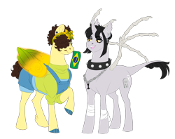 Size: 2935x2320 | Tagged: safe, artist:theartfox2468, imported from derpibooru, oc, oc only, oc:grimm fable, oc:sol shines, alicorn, pegasus, pony, alicorn oc, bandage, bandana, bone, brazil, chess piece, choker, clothes, curved horn, deaf, duo, ear piercing, earring, eyeshadow, female, flag, grim reaper, grin, hair over one eye, hearing aid, high res, horn, jewelry, leonine tail, lip piercing, makeup, mare, mouth hold, necklace, open mouth, overalls, piercing, raised hoof, shorts, simple background, smiling, spiked choker, sweater, tail, transparent background, unshorn fetlocks, wings
