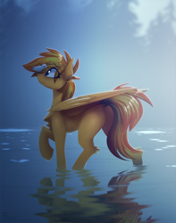 Size: 3078x3911 | Tagged: safe, alternate version, artist:fenixdust, imported from derpibooru, oc, oc only, oc:amber dart, bird, pegasus, pony, chest fluff, eye clipping through hair, female, high res, mare, raised hoof, wading