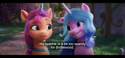Size: 1600x748 | Tagged: safe, edit, edited screencap, imported from derpibooru, screencap, izzy moonbow, sunny starscout, earth pony, pony, unicorn, spoiler:my little pony: a new generation, bridlewood, english, english subtitles, fake horn, g5, my little pony: a new generation, stars, street, subtitles