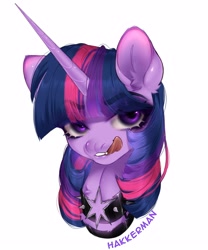 Size: 2500x3000 | Tagged: safe, artist:hakkerman, imported from derpibooru, twilight sparkle, pony, unicorn, collar, licking, licking lips, looking at you, solo, spiked collar, tongue out