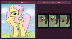 Size: 512x280 | Tagged: safe, artist:happy harvey, artist:whiskeypanda, imported from ponybooru, fluttershy, oc, oc:anon, oc:filly anon, earth pony, pony, derpibooru, female, filly, grass, juxtaposition, meta, open mouth, outdoors, ponybooru, smug, solo, trash can