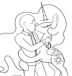 Size: 1764x1877 | Tagged: safe, artist:notawriteranon, oc, oc:anon, alicorn, pony, /sun/, art trade, eyes closed, hug, kissing, monochrome, simple background