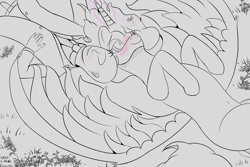 Size: 3000x2000 | Tagged: safe, artist:enonnnymous, oc, oc:anon, alicorn, pony, /sun/, art trade, belly button, blushing, flower, lying down, magic, monochrome, smiling, spread wings, wings