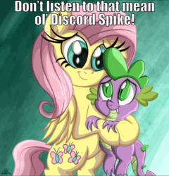 Size: 920x960 | Tagged: safe, edit, editor:undeadponysoldier, imported from ponybooru, fluttershy, spike, dragon, pegasus, pony, friendship is magic, animated, best friends, best friends until the end of time, bipedal, cuddling, cute, daaaaaaaaaaaw, episode reference, female, flutterspike, gif, happy, hug, implied discord, male, mare, response, shipping, shyabetes, spikabetes, spikelove, straight