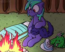 Size: 1000x800 | Tagged: safe, artist:pokefound, imported from ponybooru, oc, oc only, oc:crystalli viventem, cat, bush, campfire, female, food, forest, marshmallow, night, s'mores, sleeping bag, smiling, solo