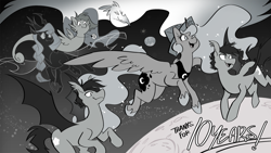 Size: 1280x720 | Tagged: safe, artist:egophiliac, imported from derpibooru, princess luna, oc, oc:danger mcsteele, oc:frolicsome meadowlark, oc:imogen, oc:pebbl, oc:sunshine smiles (egophiliac), alicorn, bat pony, bird, changeling, pony, roc, sea pony, moonstuck, anniversary, cartographer's cap, comic, eyepatch, female, hat, jewelry, male, mare, moon, necklace, regalia, stallion