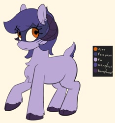 Size: 1057x1127 | Tagged: safe, artist:aripegio del mandolino, oc, oc only, oc:ysfena, goat, goat pony, original species, pony, cloven hooves, face paint, female, horns, raised hoof, reference sheet, simple background