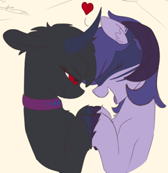 Size: 856x884 | Tagged: safe, artist:aripegio del mandolino, oc, oc only, oc:ysfena, goat, goat pony, original species, pony, collar, duo, ear fluff, eyes closed, face paint, female, heart, holding hooves, horns, open mouth