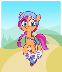Size: 1200x1390 | Tagged: safe, artist:dawnfire, sunny starscout, earth pony, pony, eye clipping through hair, female, g5, helmet, looking at you, mare, roller skates, satchel, solo