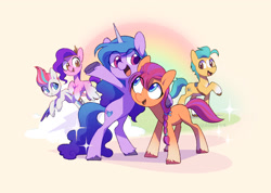 Size: 1681x1200 | Tagged: safe, artist:dawnfire, hitch trailblazer, izzy moonbow, pipp petals, sunny starscout, zipp storm, earth pony, pegasus, pony, unicorn, eye clipping through hair, female, flying, g5, happy, horn, male, mane five (g5), mare, open mouth, signature, stallion, wings